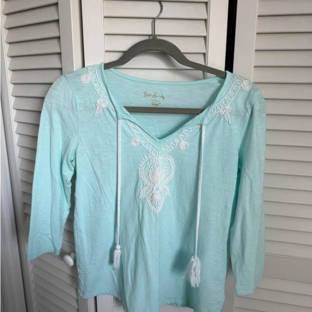 Lilly Pulitzer Light Aqua Embroidered Tassel V-Neck Top